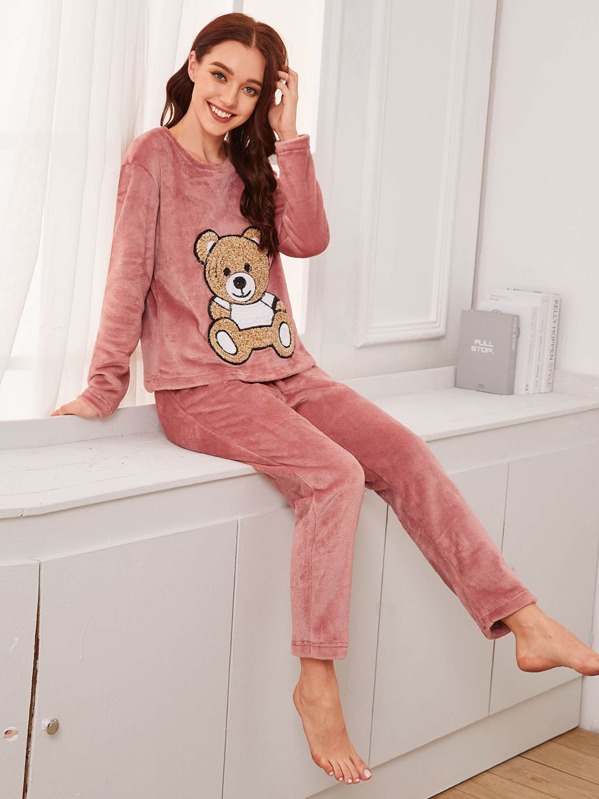 

Cartoon Bear Patched PJ Set, Pink, Poly