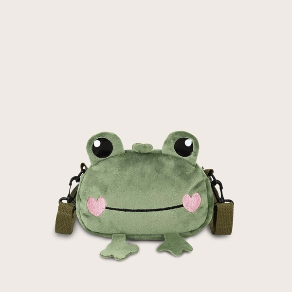 

Girls Heart Embroidered Frog Design Crossbody Bag, Green