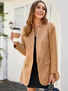 SHEIN 西裝領單排扣西裝外套 - 駝色 - 查看 1