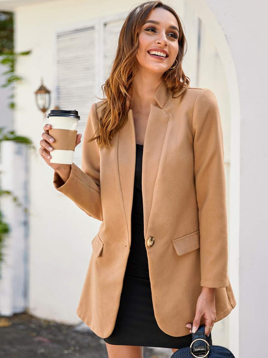 SHEIN 西裝領單排扣西裝外套 - 駝色 - 查看 1