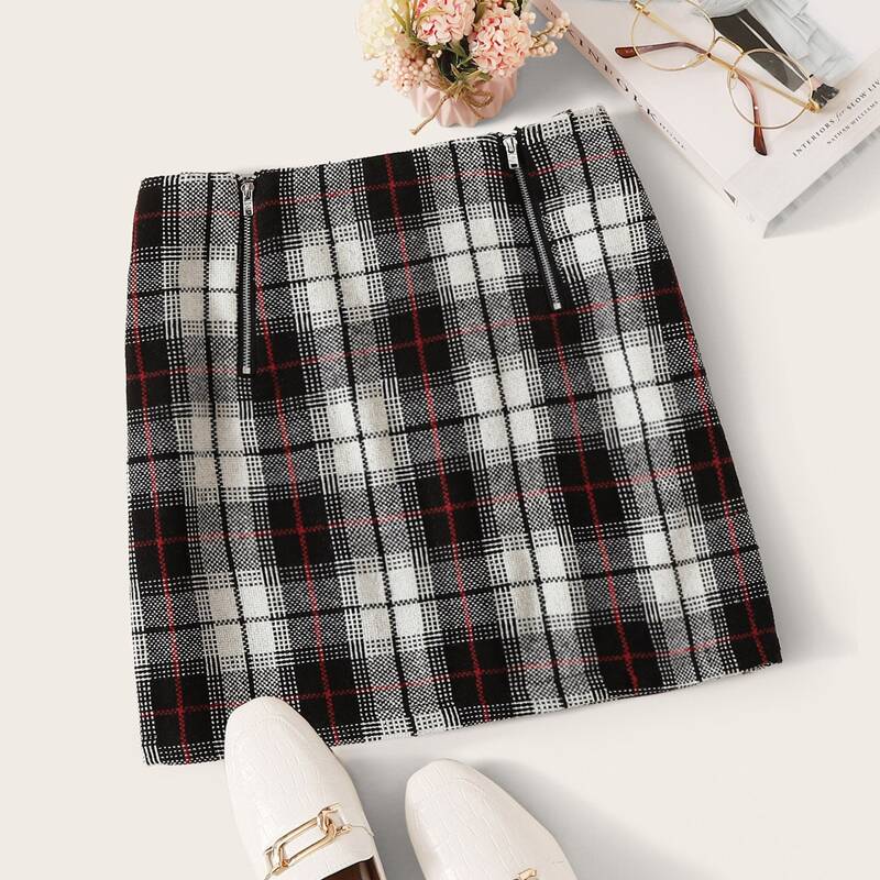 

Plaid Double Zip Mini Bodycon Skirt, Multicolor