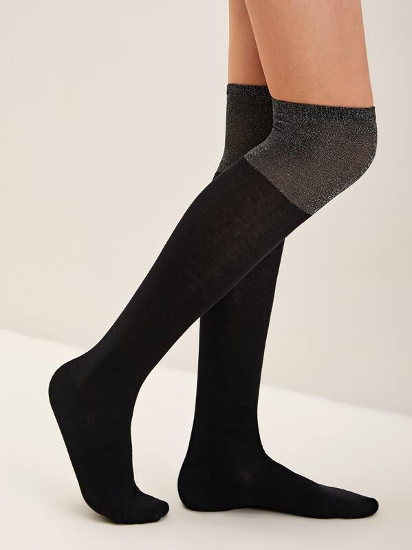 

1pair Two Tone Knee Length Socks, Black