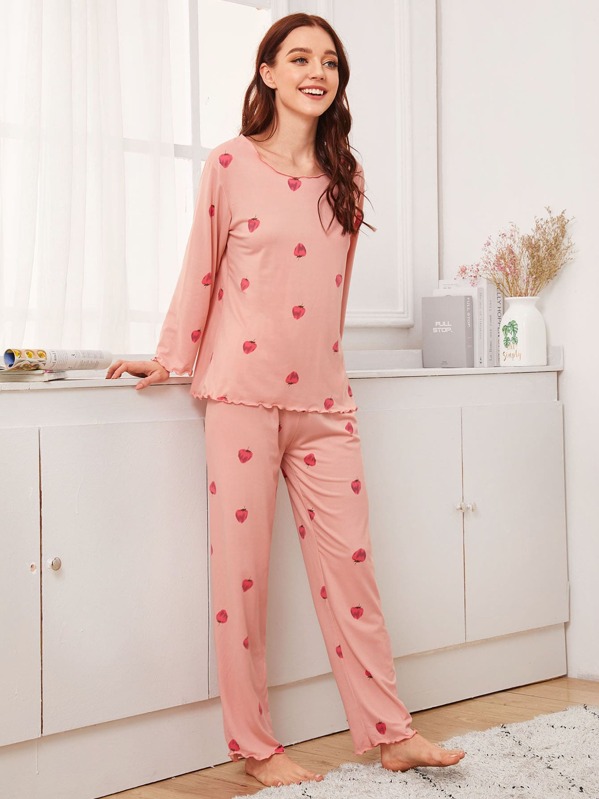 

Strawberry Print Lettuce Trim PJ Set, Pink, Poly