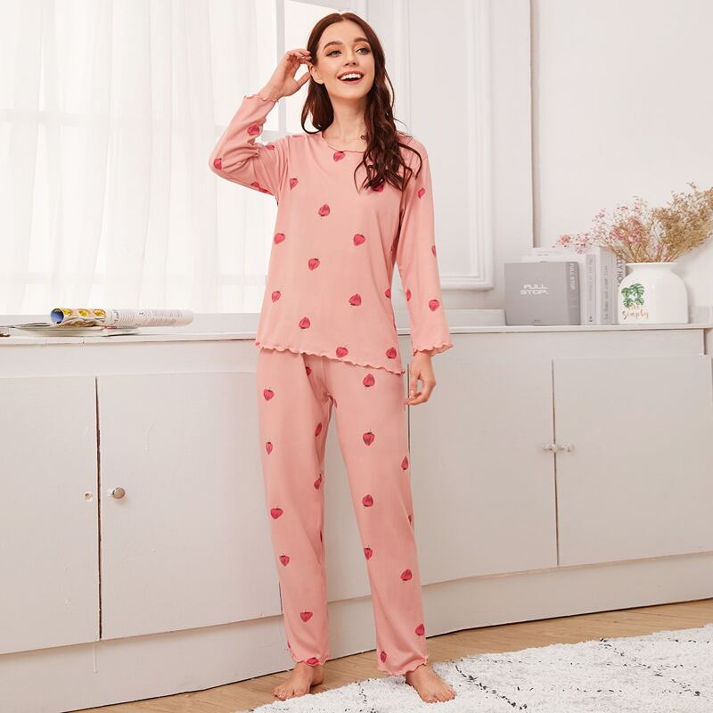 

Strawberry Print Lettuce Trim PJ Set, Pink