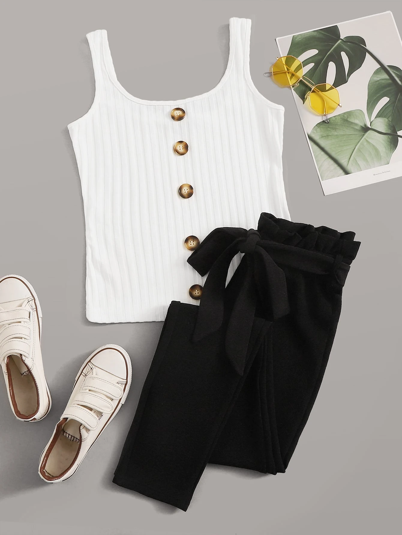 Button front rib knit tank top Clearance