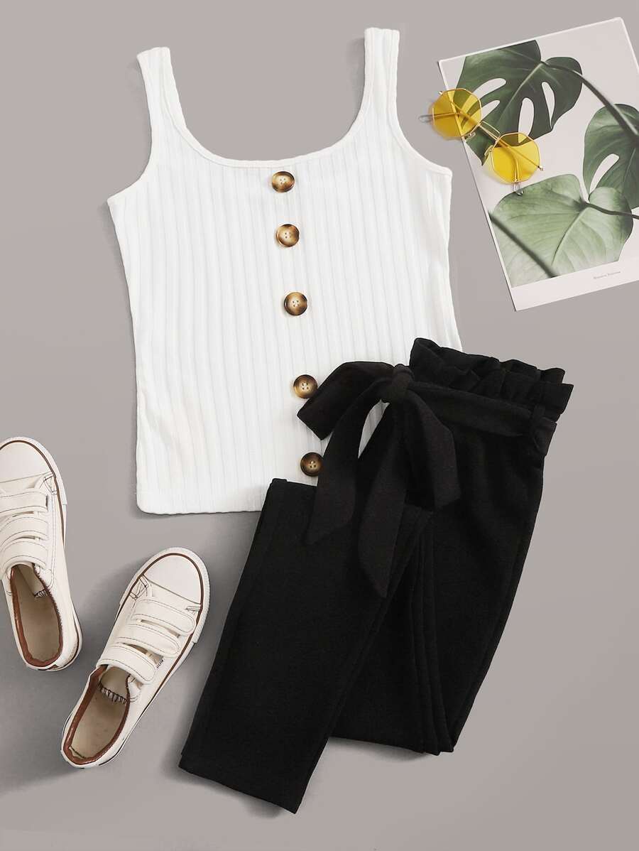 SHEIN Essnce Button Front Rib-knit Tank Top & Paperbag Waist Belted Trousers Set - Black and White - View 1