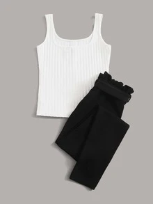 SHEIN Essnce Button Front Rib-knit Tank Top & Paperbag Waist Belted Trousers Set - Black and White - View 2