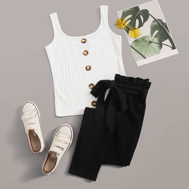 

Button Front Rib-knit Tank Top & Paperbag Waist Belted Pants Set, Black and white