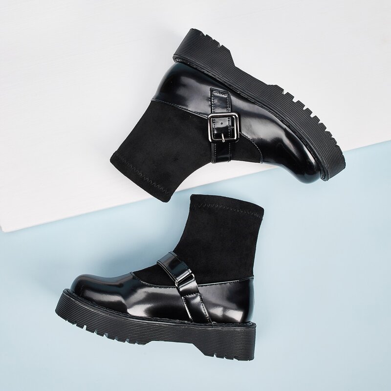 

Buckle Strap Chunky Sock Boots, Black