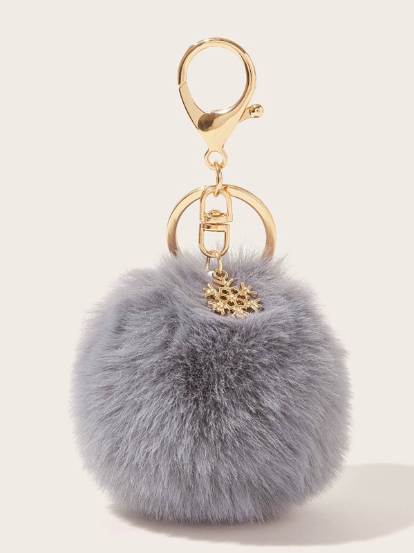 

Snowflake & Fluffy Pom Pom Decor Keychain, Grey