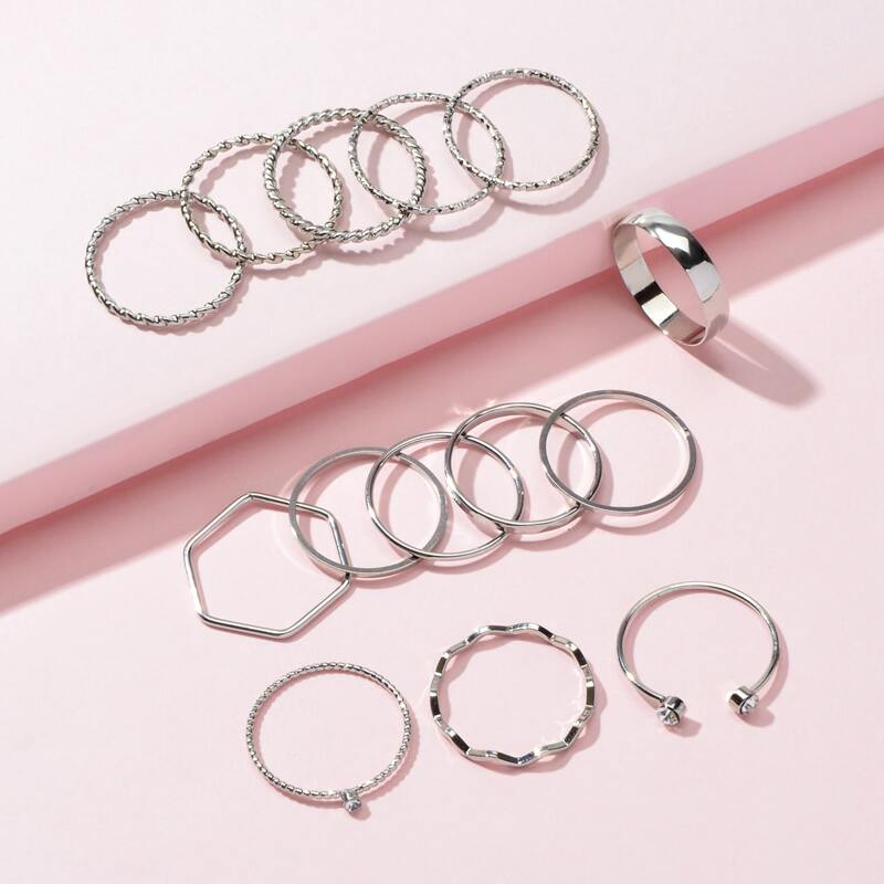 

14pcs Geometric Decor Ring, Silver