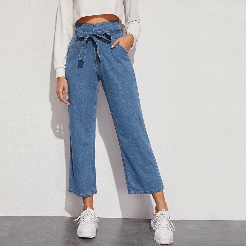 

Self Belted Crop Wide Leg Jeans, Blue