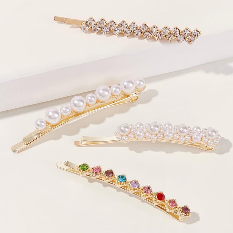 

4pcs Rhinestone & Faux Pearl Decor Hairpin, Gold