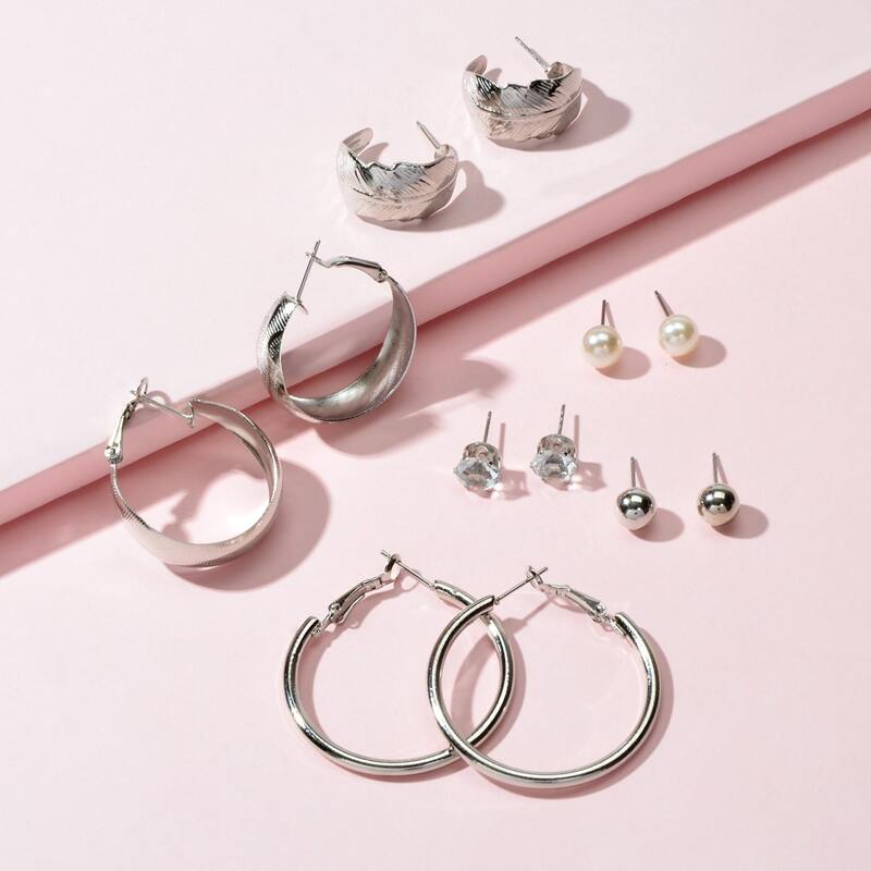 

6pairs Faux Pearl & Rhinestone Decor Earrings Set, Silver
