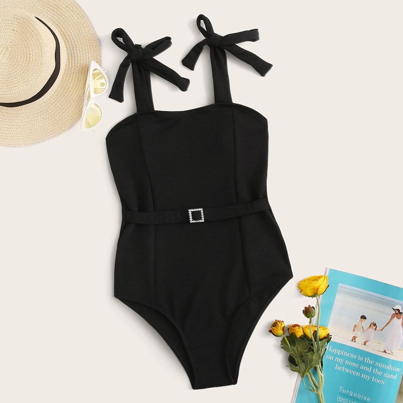 

Tie Shoulder One Piece Swimwear, Black