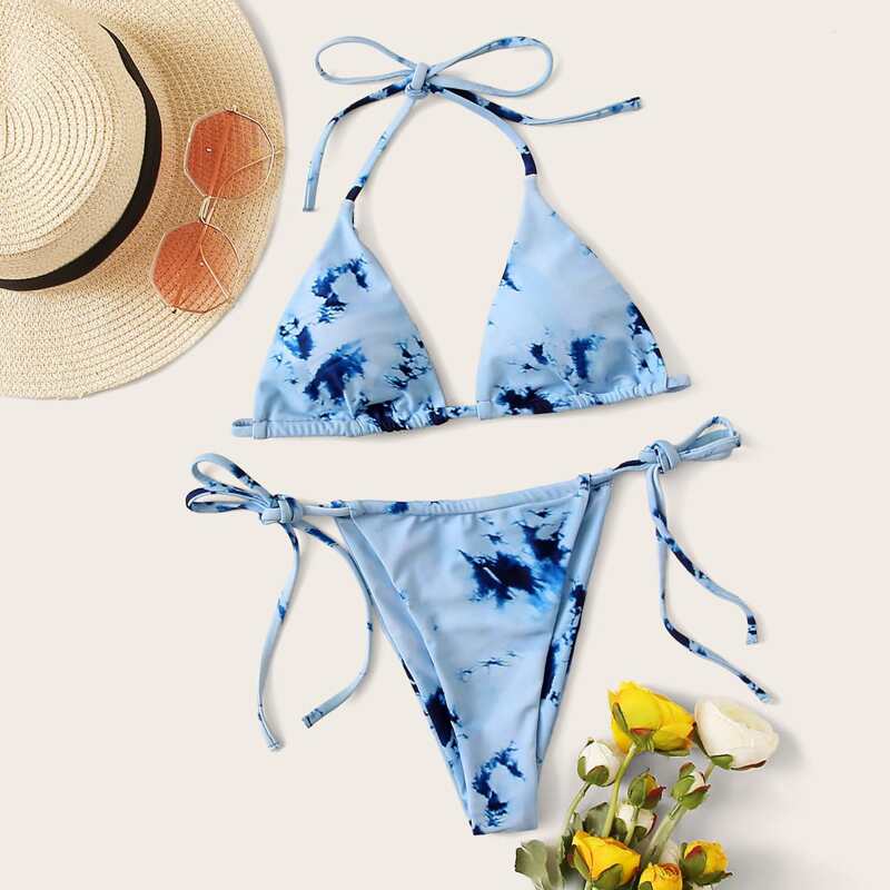 

Marble Print Halter Top With Tie Side Bikini Set, Blue