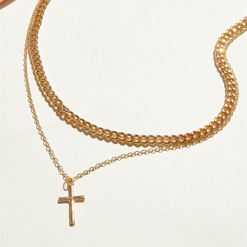 

1pc Cross Charm Layered Chain Necklace, Gold