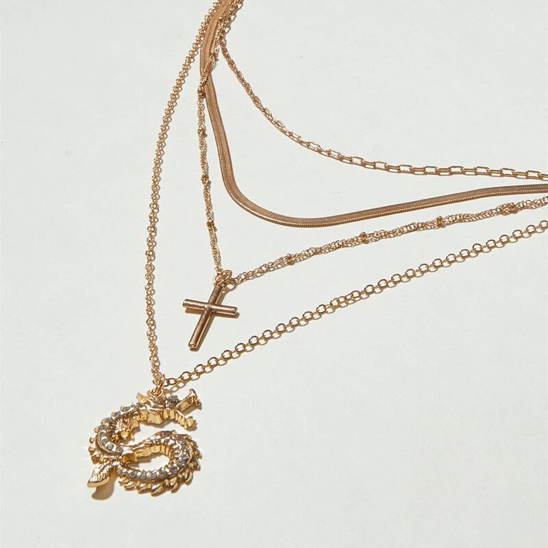 

1pc Cross & Dragon Charm Layered Necklace, Gold