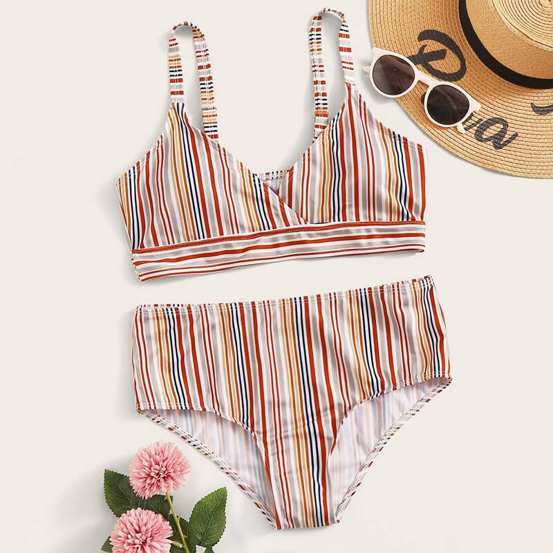 

Colorful Striped Top With High Waist Bikini Set, Multicolor