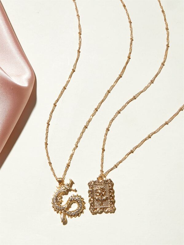 

2pcs Dragon & Rose Engraved Coin Charm Necklace, Gold