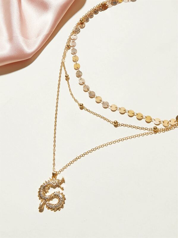 

1pc Disc & Dragon Charm Layered Necklace, Gold