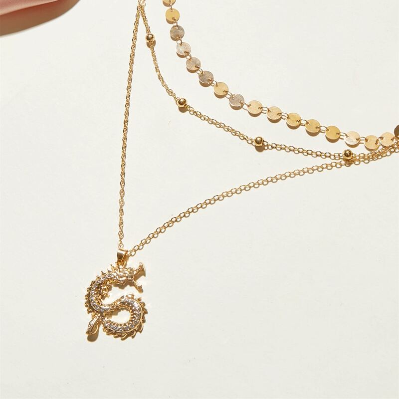 

1pc Disc & Dragon Charm Layered Necklace, Gold
