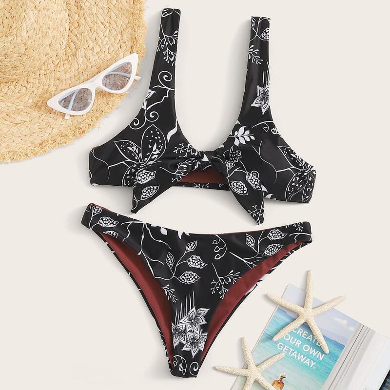 

Floral Print Knot Front Bikini Set, Black