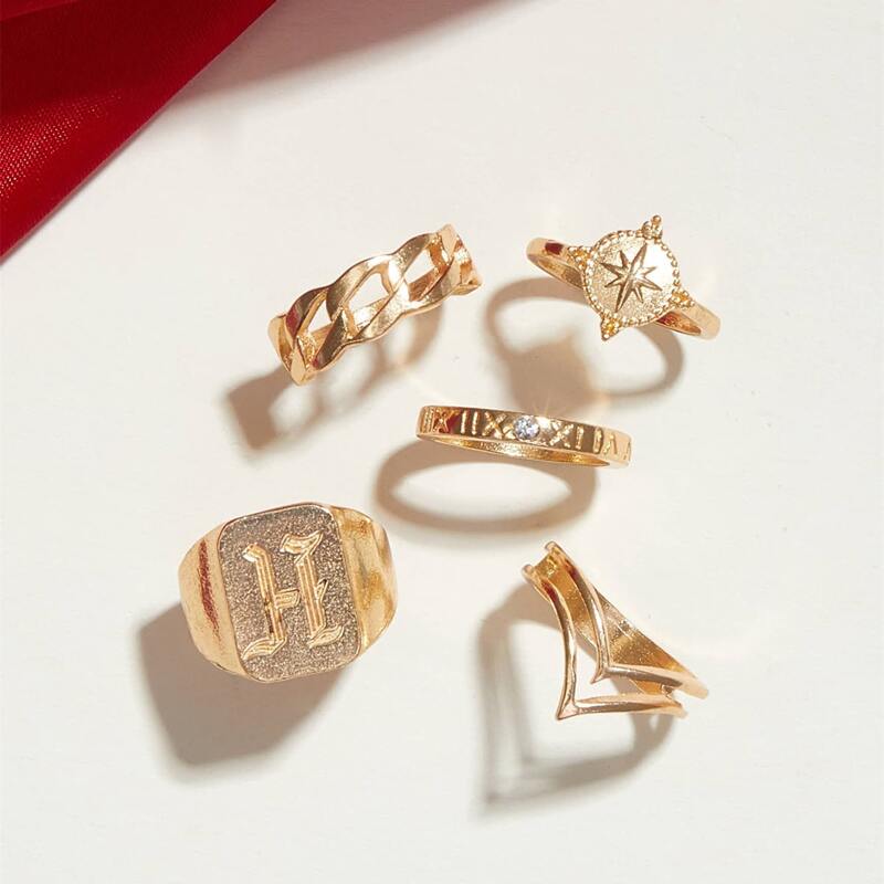 

5pcs Star & Letter Decor Ring, Gold