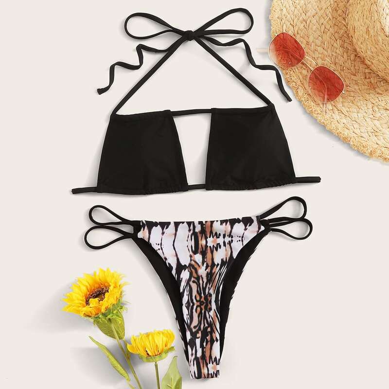

Halter Top With Graphic Print Bikini Set, Multicolor