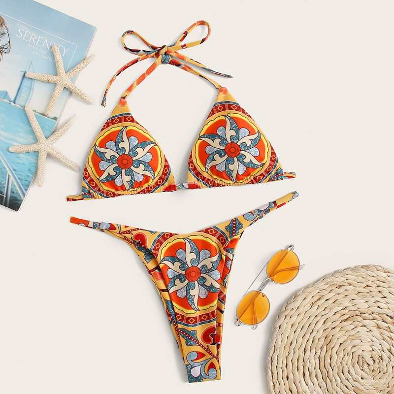 

Tribal Triangle Top With Thong Bikini Set, Multicolor