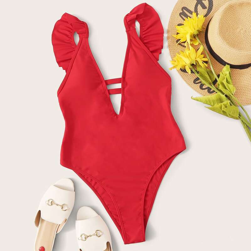 

Ruffle Trim One Piece Swimwear, Red