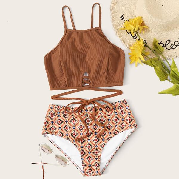 

Rib Lace-up Top With Geo High Waisted Bikini Set, Multicolor