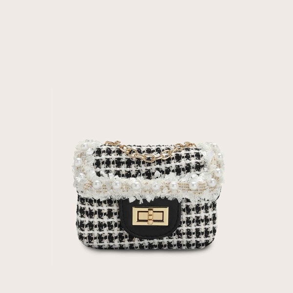 

Girls Twist Lock Faux Pearl Decor Crossbody Bag, Black and white