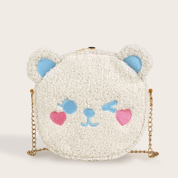 

Girls Embroidered Heart Fluffy Bear Bag, White