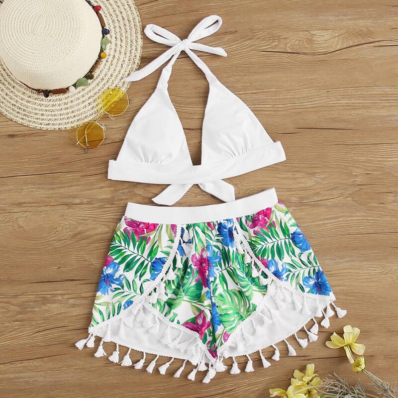 

Triangle Top With Tropical Shorts Bikini Set, Multicolor