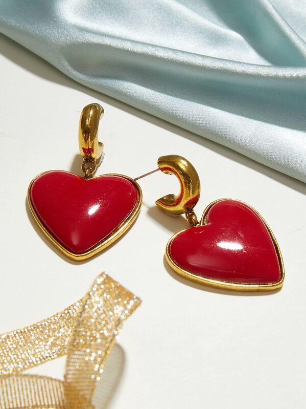 

1pair Cuff Ring Decor Heart Drop Earrings, Red