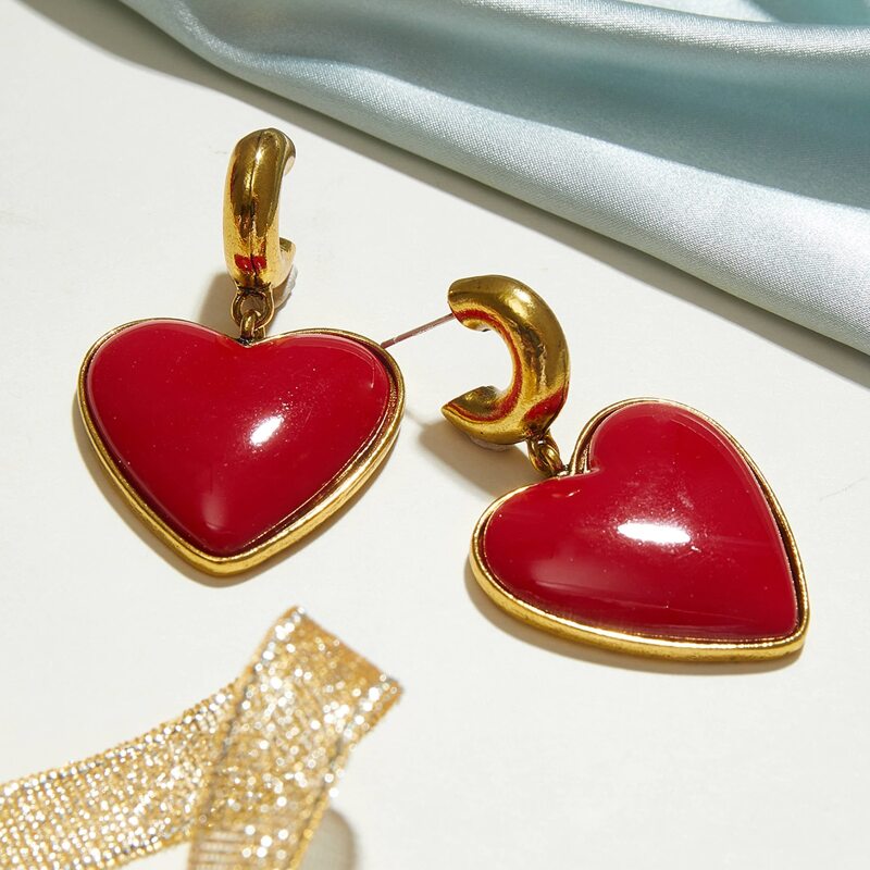 

1pair Cuff Ring Decor Heart Drop Earrings, Red