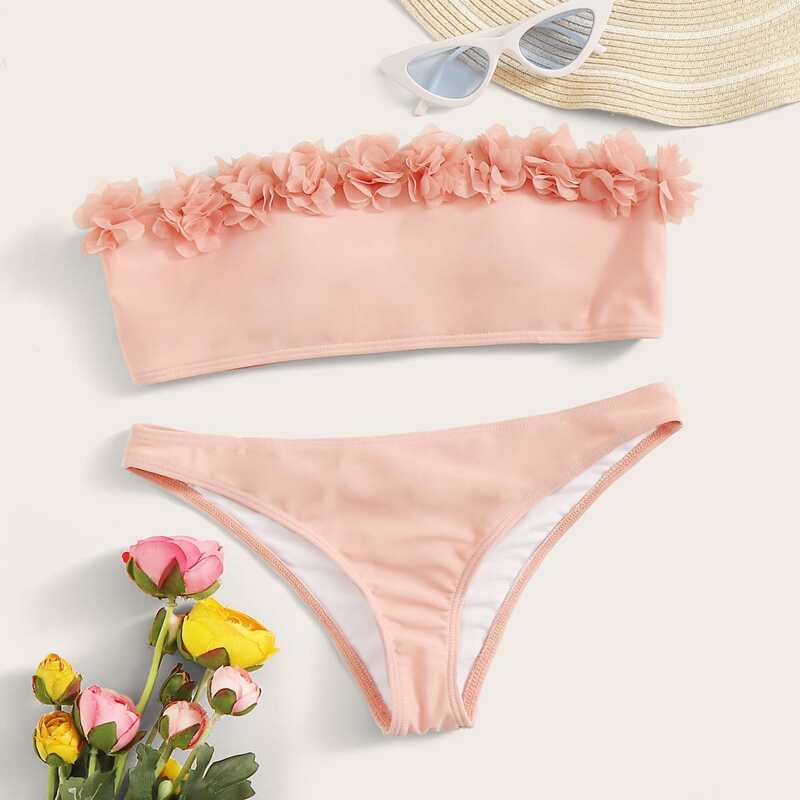 

Flower Applique Bandeau With Low Rise Bikini Set, Pink