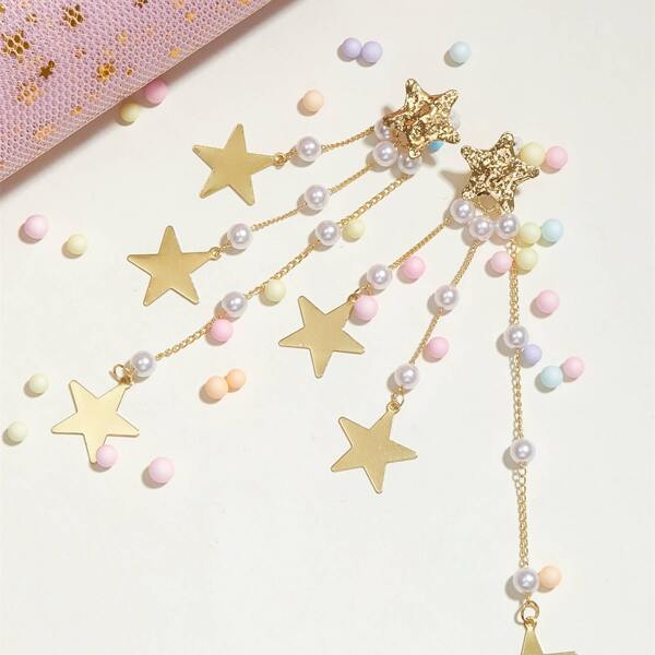 

1pair Star & Faux Pearl Chain Drop Earrings, Gold