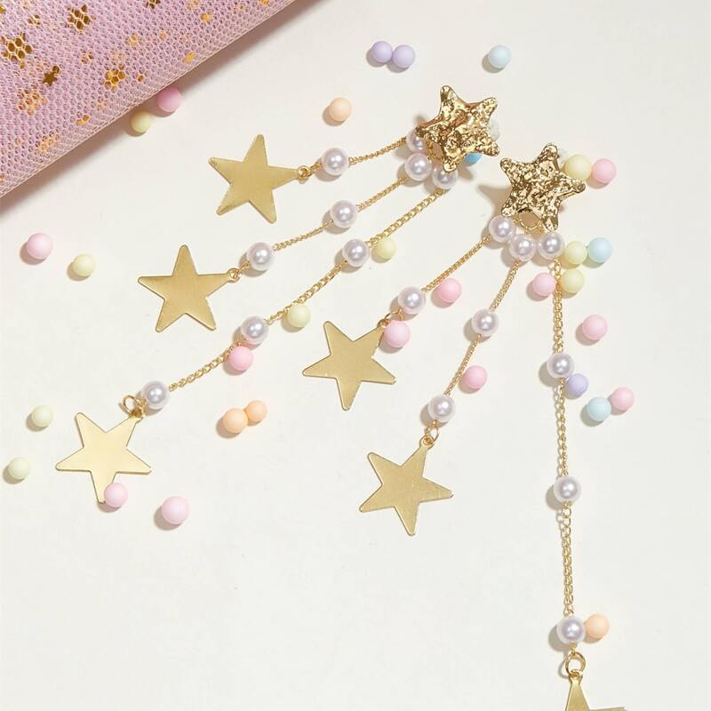 

1pair Star & Faux Pearl Chain Drop Earrings, Gold