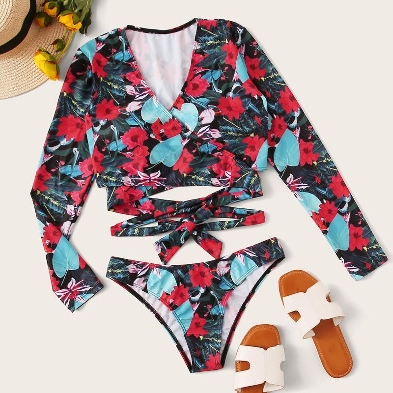 

Floral Random Print Long Sleeve Bikini Swimsuit, Multicolor