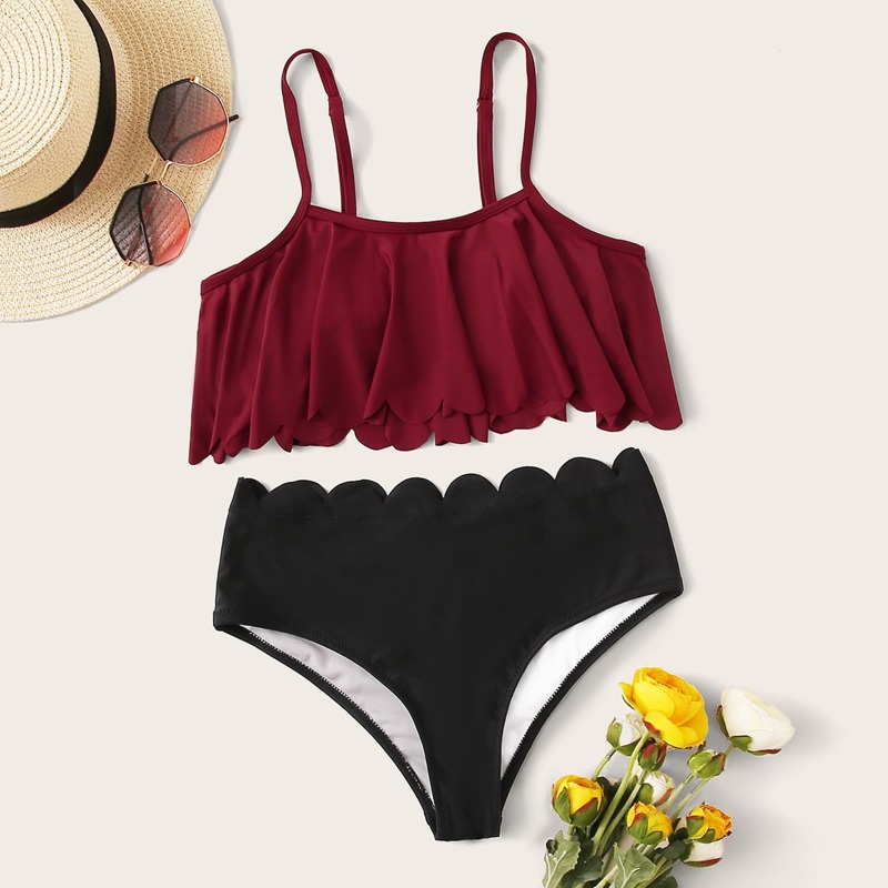 

Scallop Trim Top With High Waist Bikini Set, Multicolor