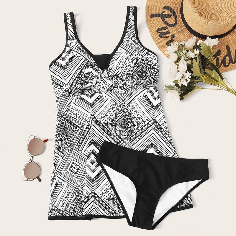 

Geo Print Top With Brief Tankini Set, Black and white