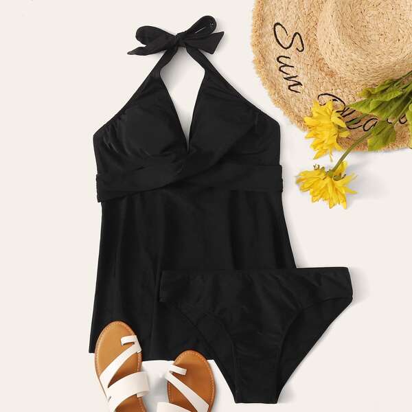 

Solid Twist Halter Tankini Set, Black