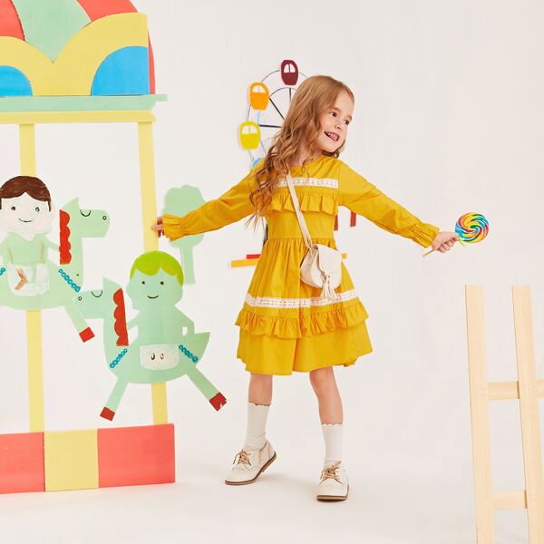 

Toddler Girls Lace Insert Ruffle Trim A-line Dress, Yellow