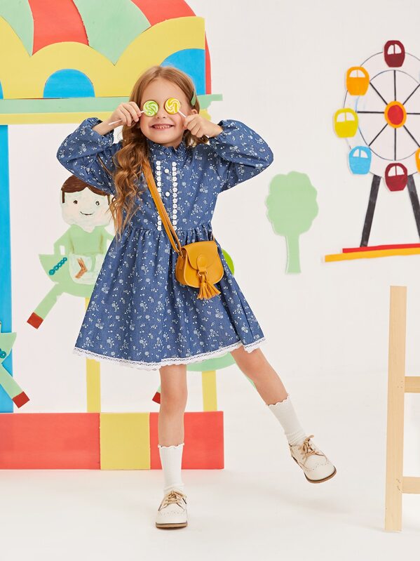 

Toddler Girls Ditsy Floral Lace Panel Smock Dress, Blue, Sofia B