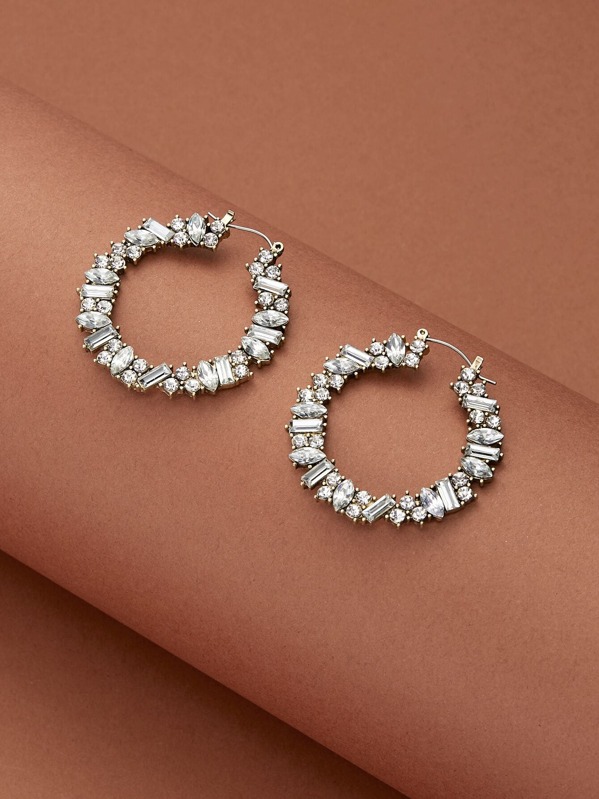 

1pair Rhinestone Engraved Hoop Earrings, Silver