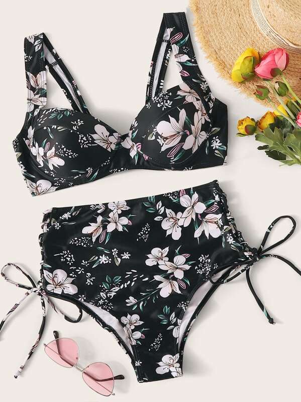 

Floral Underwire Top With High Waist Bikini Set, Black