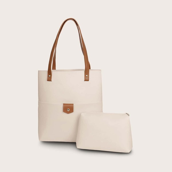 

2pcs Contrast Handle Tote Bag With Clutch, White