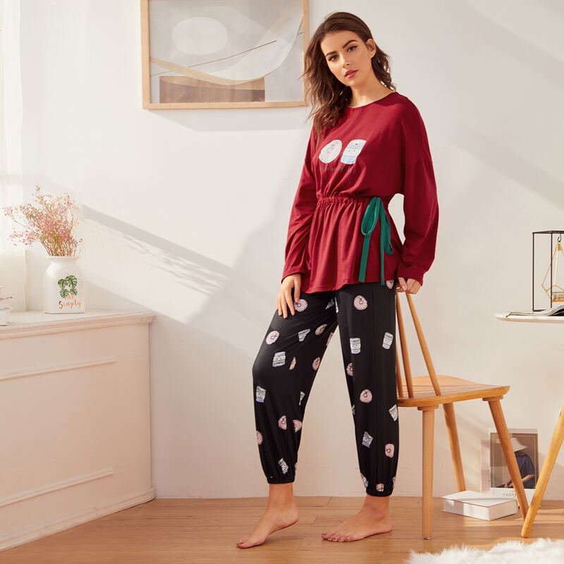 

Cartoon Print Drop Shoulder Drawstring Waist Tee & Pants PJ Set, Multicolor